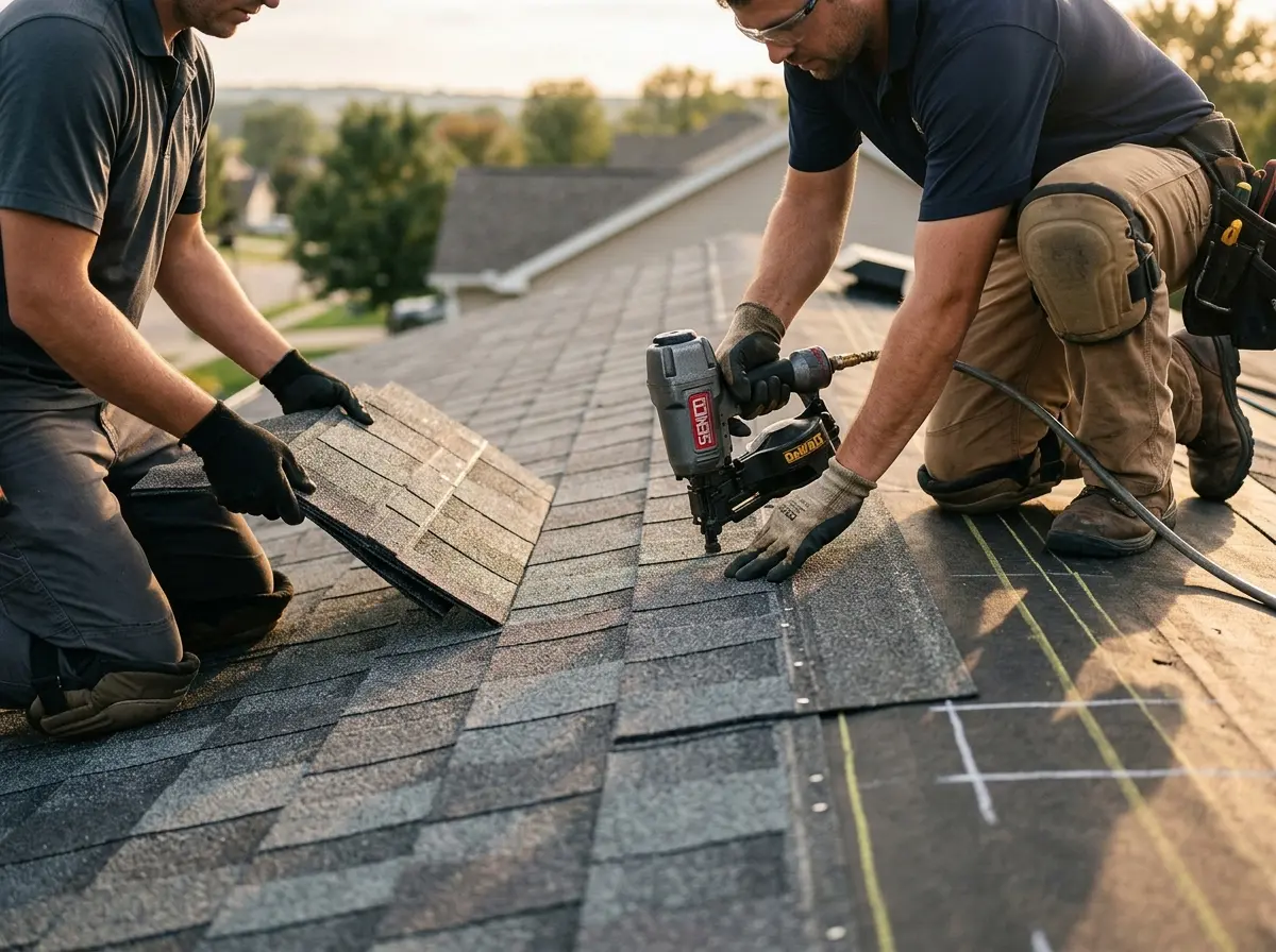 Professional roofer working on a residential roof in Rio Rancho